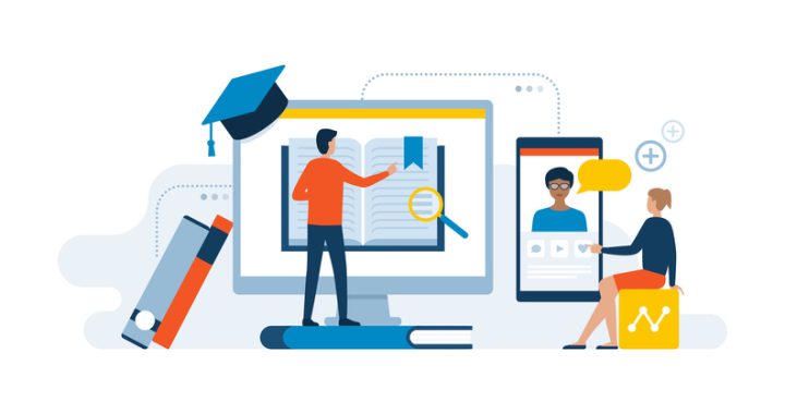 Academic students learning online on computer and smartphone: e-learning and online courses concept